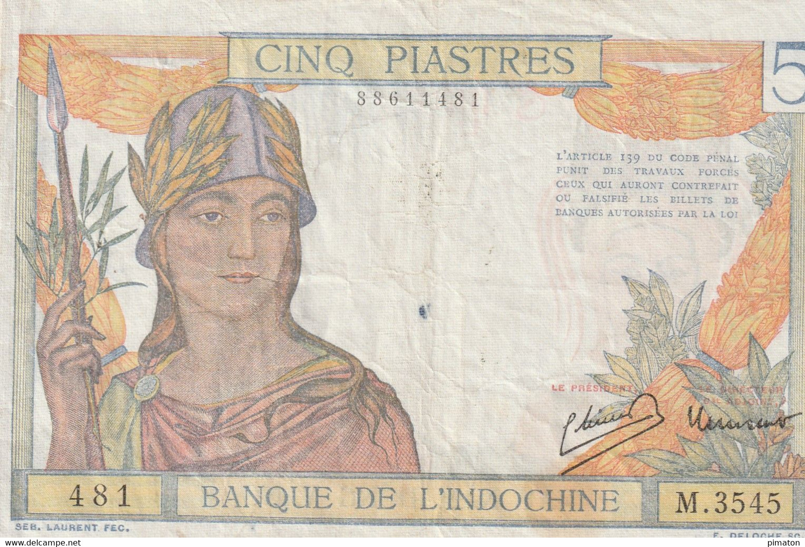 BANQUE DE L'INDOCHINE - CINQ PIASTRES - Autres - Asie