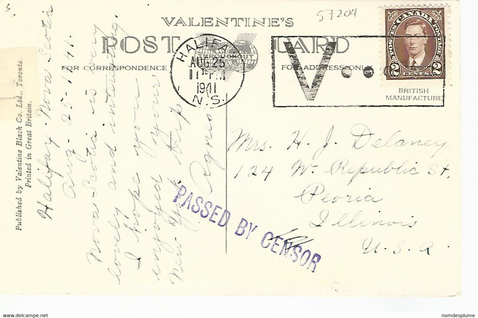 57204) Canada Peggy's Cove Near Halifax Censor Postmark Cancel 1941 - Halifax