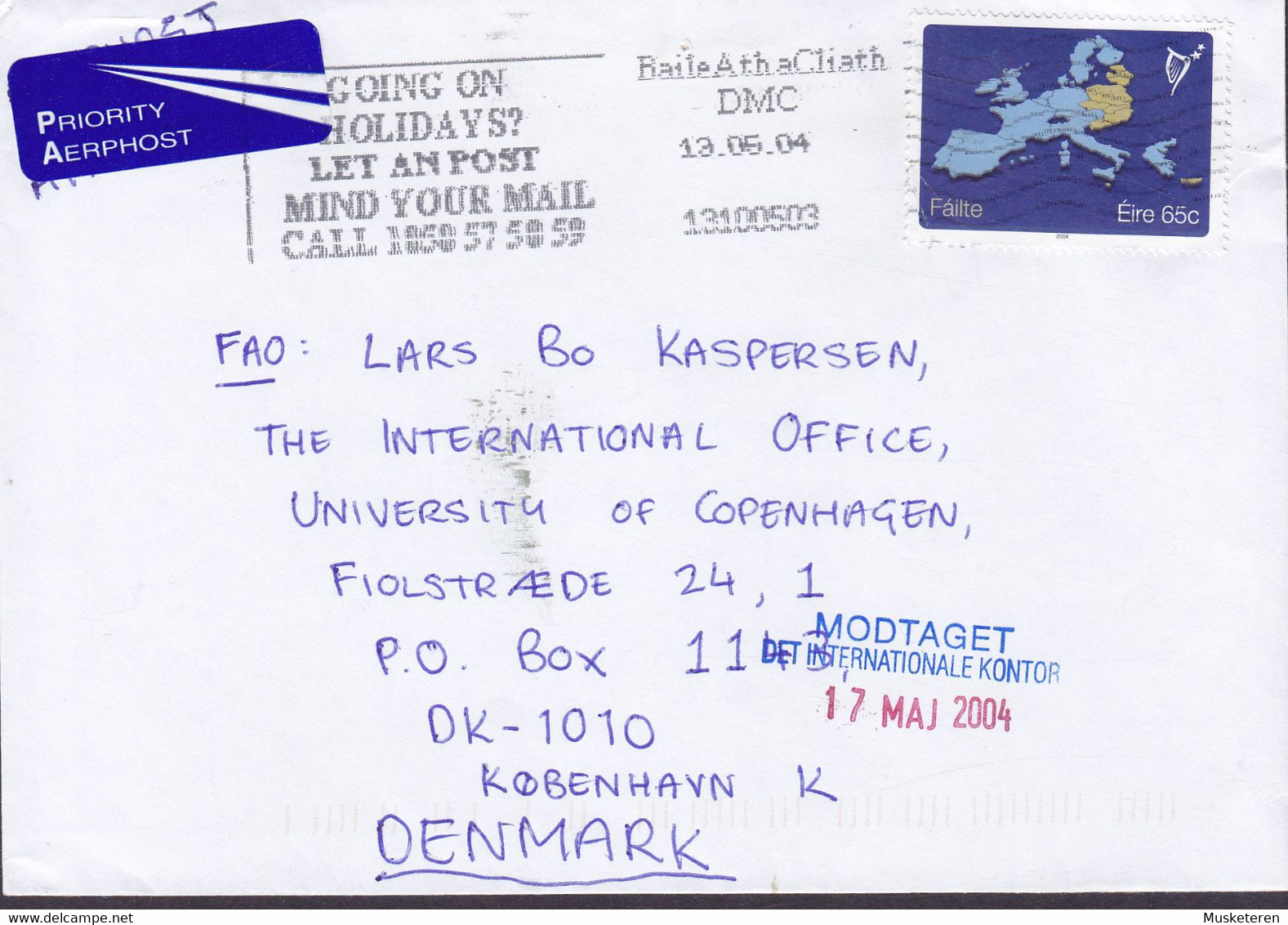 Ireland PRIORITY Aerphost Label Slogan 'Going On Holidays?' BAILE ATHA CLIATH 2004 Cover Brief Denmark Fáilte Stamp - Briefe U. Dokumente