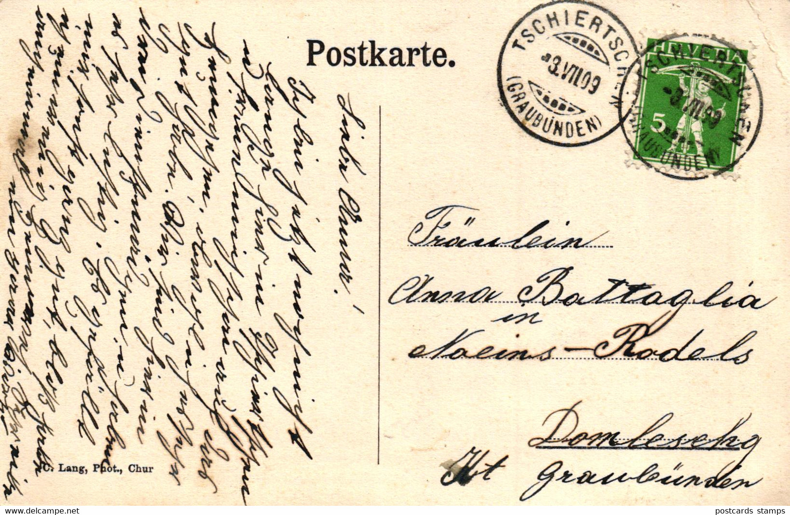 Tschiertschen, Gesamtansicht U. Pension "Bruesch", 1909 - Tschiertschen