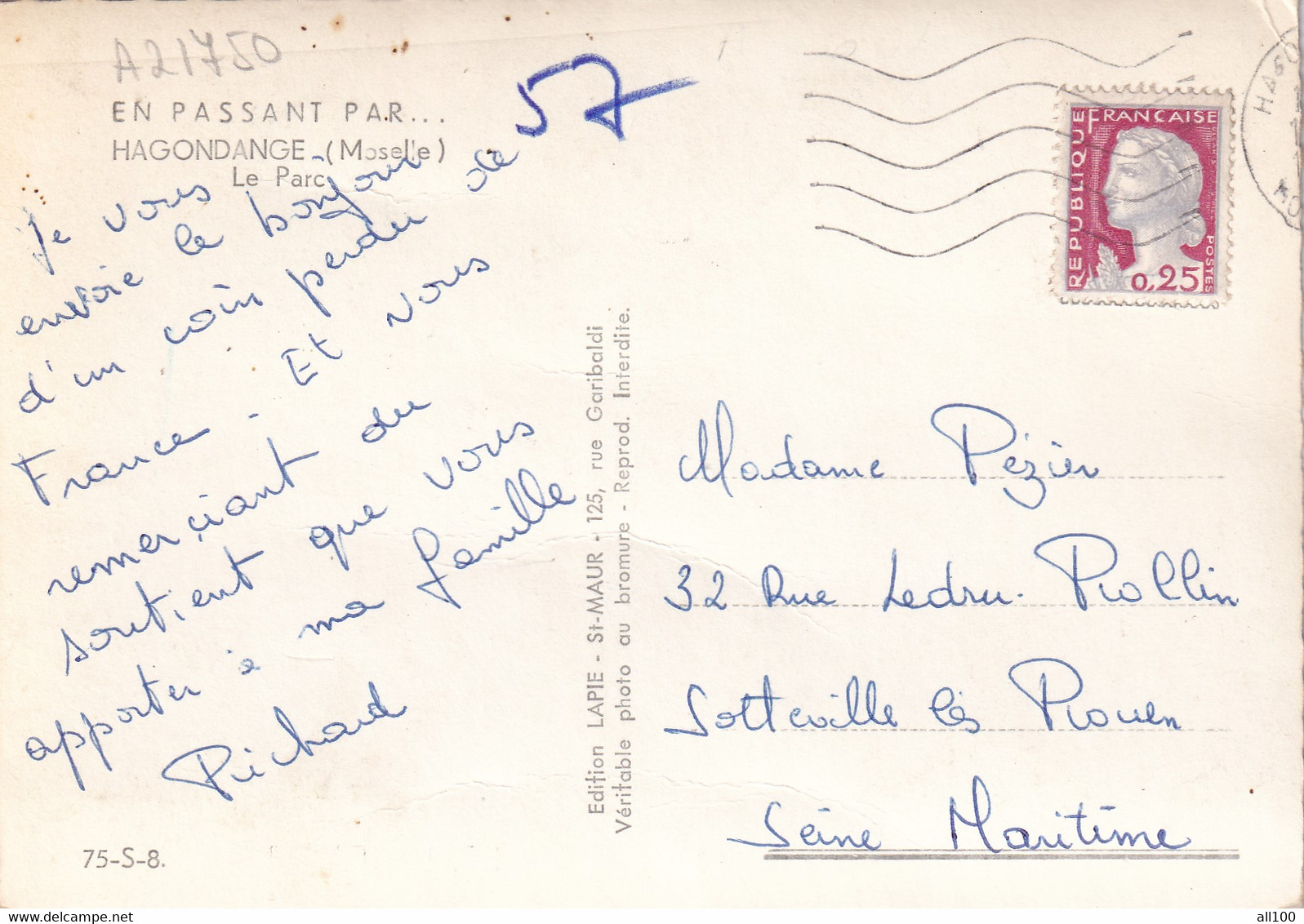 A21750 - HAGONDANGE Moselle Le Parc France Post Card Used Stamp Republique Francaise Sent To Seine Maritime - Hagondange