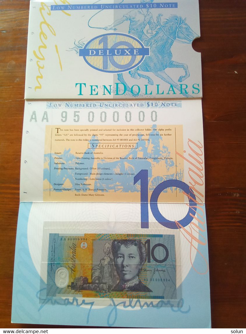 AUSTRALIA  10 TEN DOLLARS DE LUX  FOLDER 1995 LOW NUMBERED UNCIRCOLATED $ NOTE AA PREFIX - 1992-2001 (polymeerbiljetten)