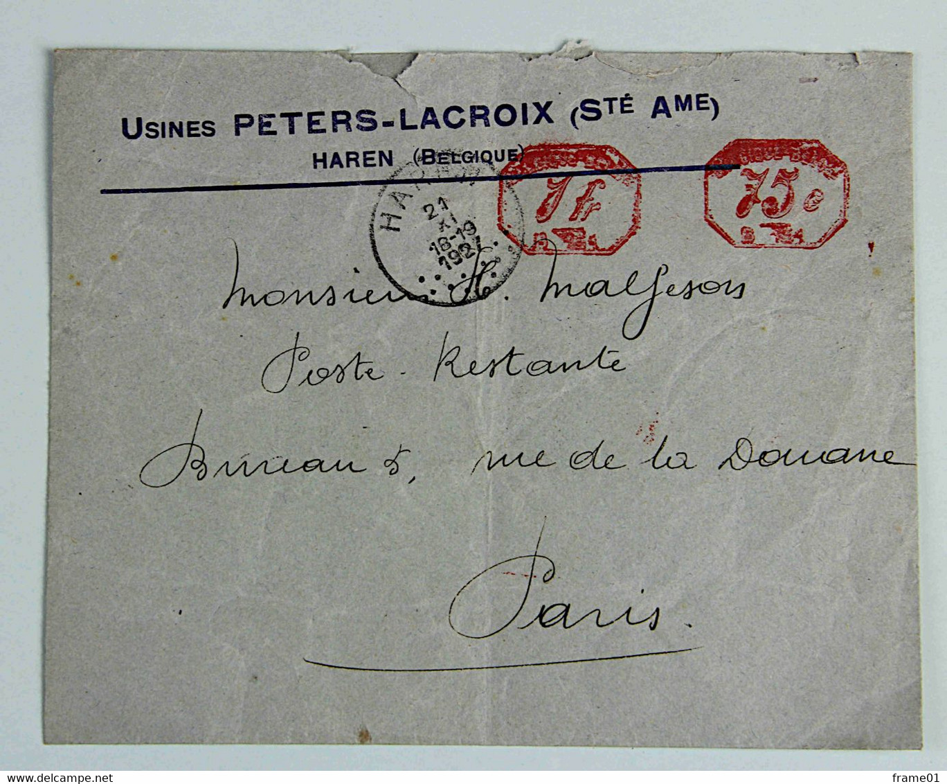 Lettre 1927 Haren Usines Peters-Lacroix Pour Paris, Affr. EMA 1f + 75c - Autres & Non Classés