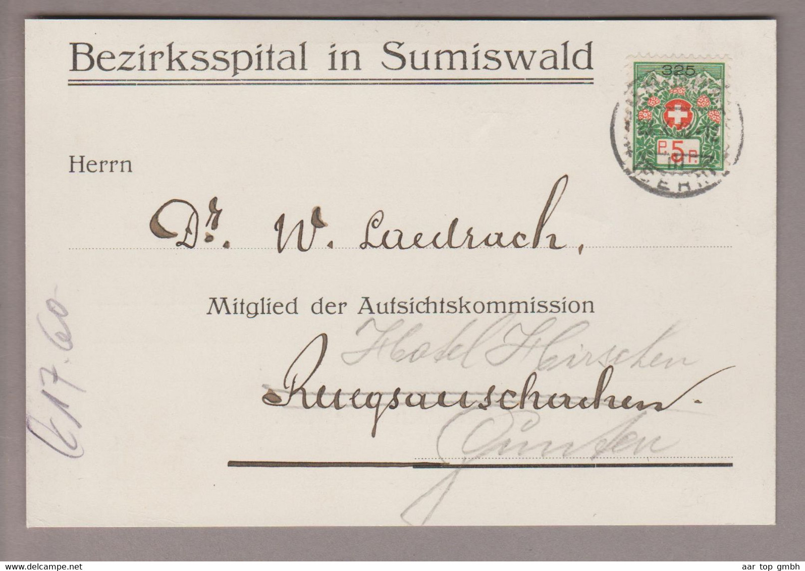 CH Portofreiheit Zu#8 5Rp. GR#325 Postkarte 1933-10-27 Sumiswald Bezirksspital - Franchise