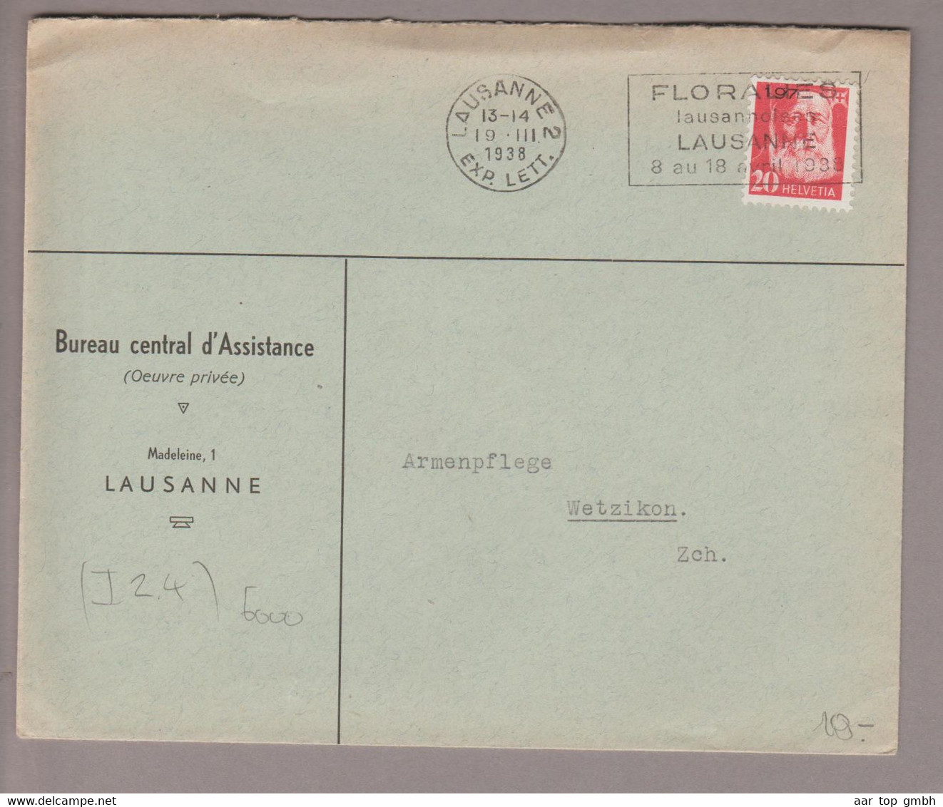 CH Portofreiheit Zu#16 20Rp. GR#197 Brief 1938-03-19 Bureau Central D'Assistance - Franchise