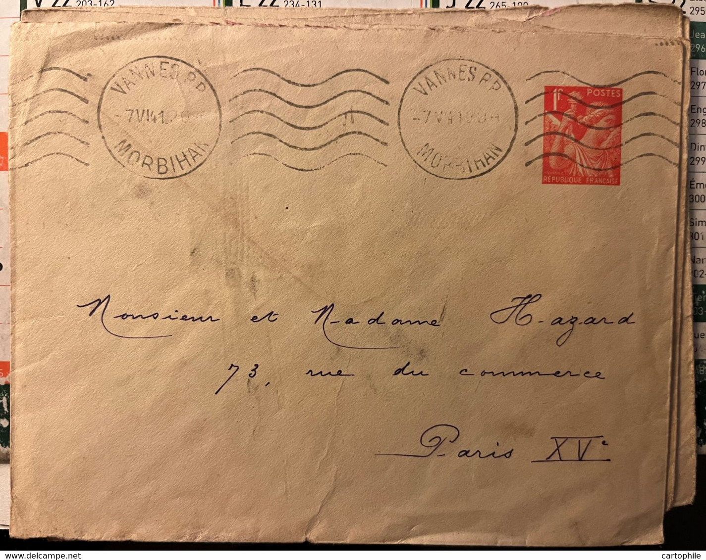 Entier Postal Sur Enveloppe - Type Iris 1 Fr De 1941 Postée De Vannes (56) - Standard Covers & Stamped On Demand (before 1995)