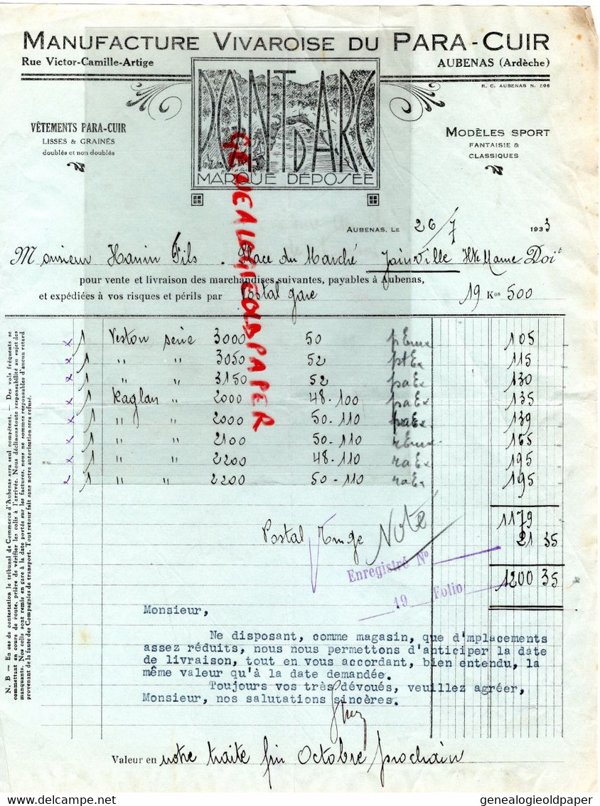 07- AUBENAS- FACTURE PONT D' ARC-MANUFACTURE VIVAROISE DU PARA CUIR-RUE VICTOR ARTIGE-HANIN FILS JOINVILLE 1933 - Textile & Vestimentaire