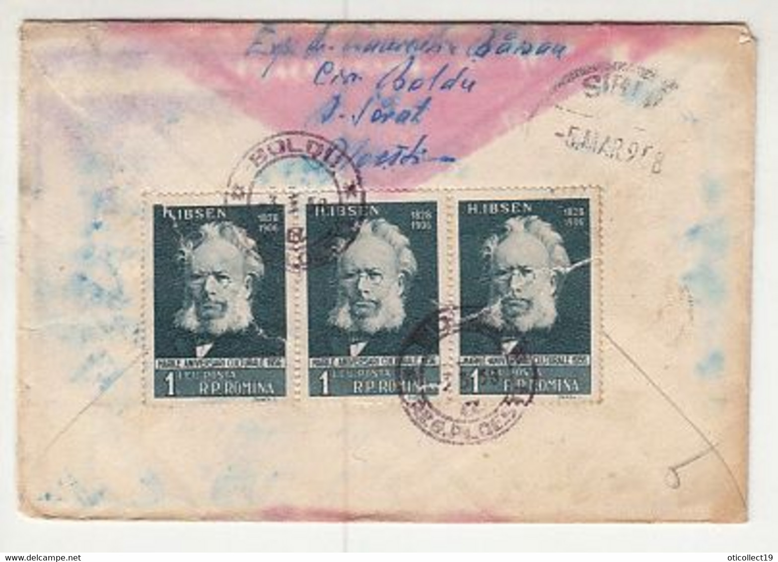 SPORTS, GYMNASTICS, WRITERS- HENRIK IBSEN, STAMPS ON REGISTERED COVER, 1958, ROMANIA - Covers & Documents