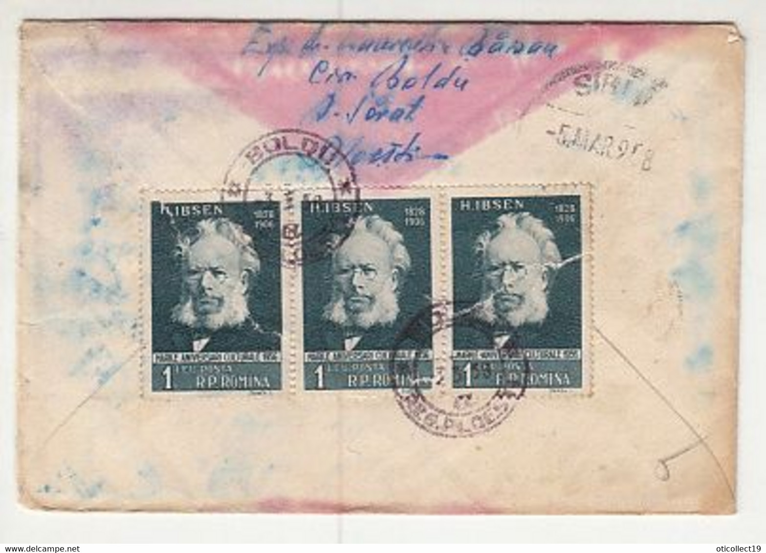 SPORTS, GYMNASTICS, WRITERS- HENRIK IBSEN, STAMPS ON REGISTERED COVER, 1958, ROMANIA - Briefe U. Dokumente