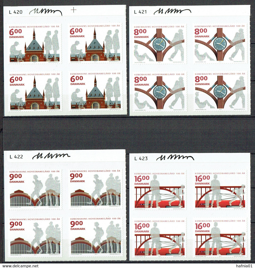 Martin Mörck. Denmark 2011.  100 Anniv Copenhagen Central Station Michel  1669A-1672A, Plateblocks MNH. Signed. - Blocs-feuillets