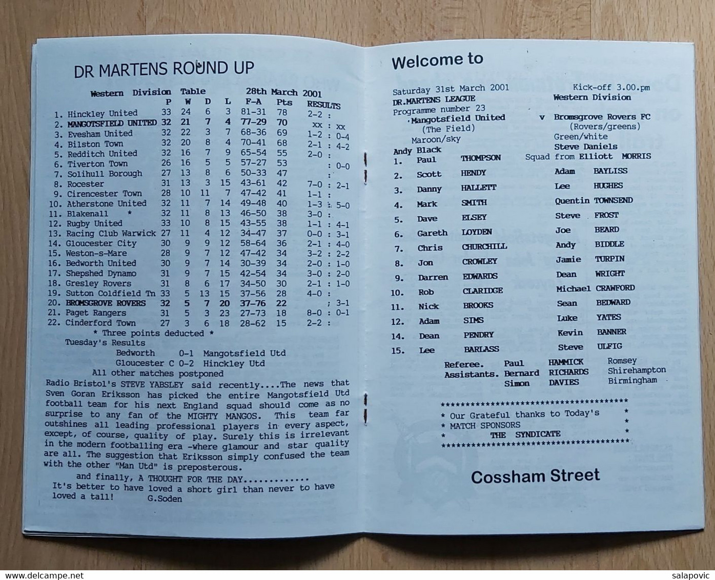 Mangotsfield United Vs Bromsgrove Rovers FC 31. March 2001 England Football Match Program - Books