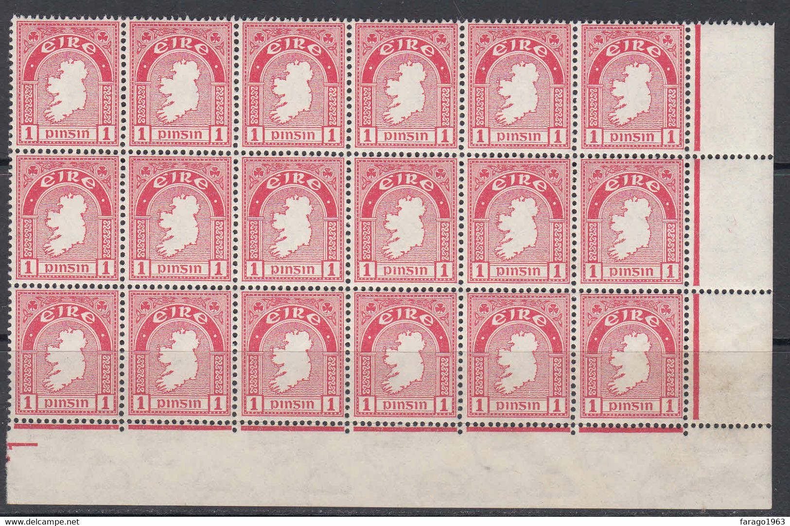 1941 Ireland 1p Carmine Rose Corner Block Of 18 MNH - Ongebruikt