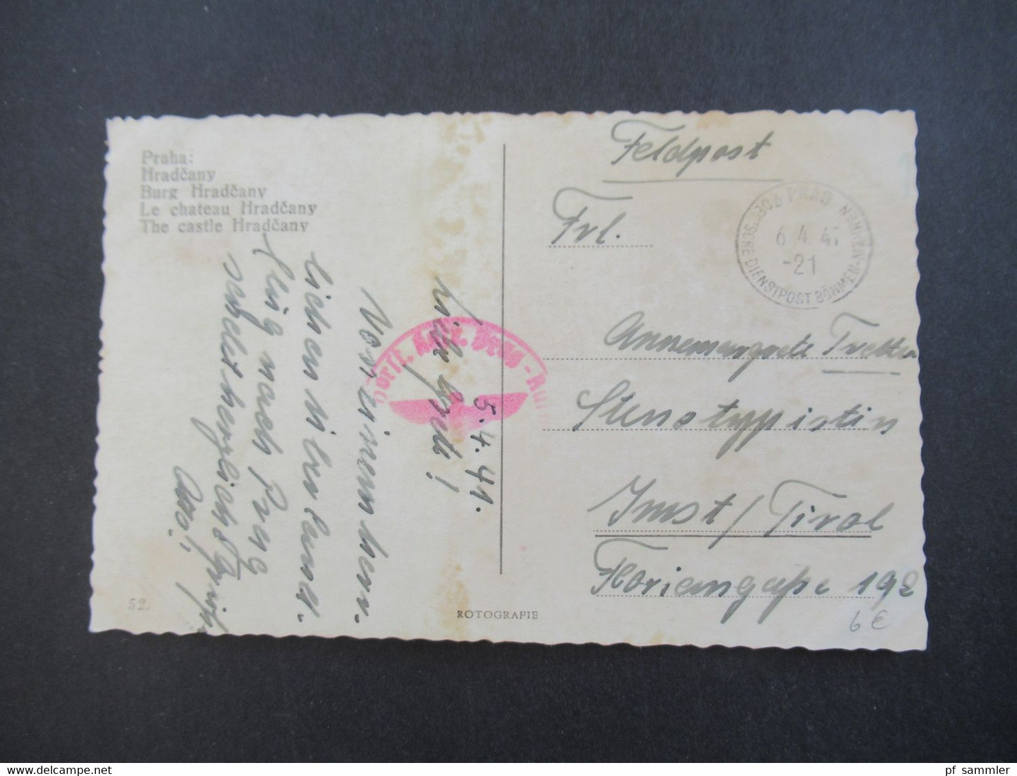 Feldpost 2.WK 3.Reich 1941 PK Praha / Prag Roter FP Stempel Und Stempel Prag Deutsche Dienstpost Böhmen Und Mähren - Brieven En Documenten