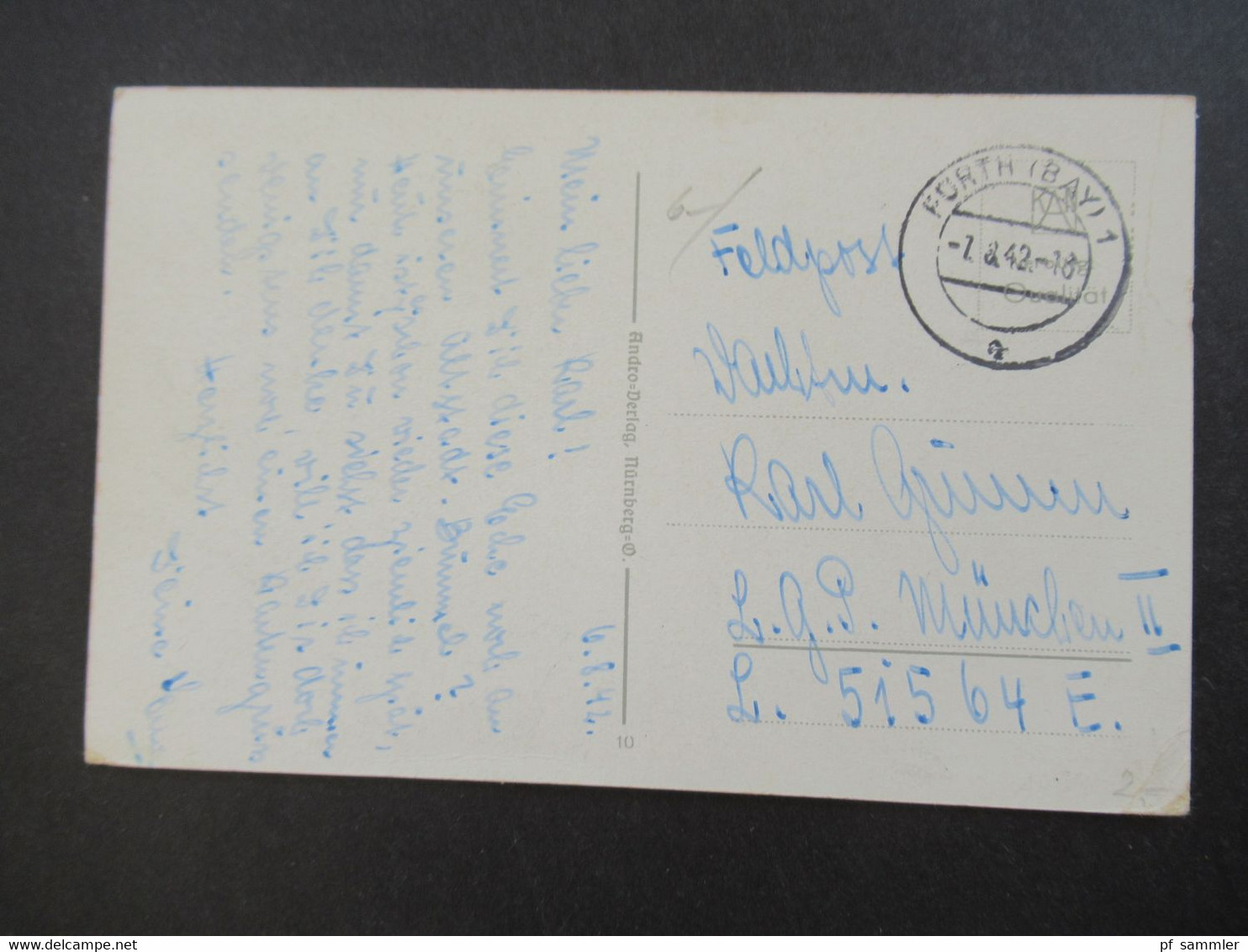 Feldpost 2.WK 3.Reich 1942 PK Nürnberg Tagesstempel Fürth (Bay) 1 An Die FP Nr. Luftgau Postamt München II 51564 - Covers & Documents