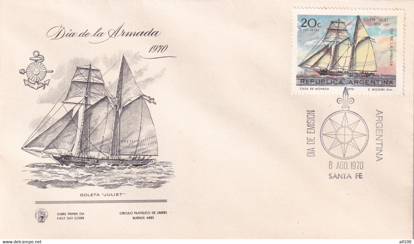 A21858 - FDC Goleta Juliet Dia De La Armada Buenos Aires Cover Envelope Unused 1970 Stamp Republica Argentina Ship - FDC