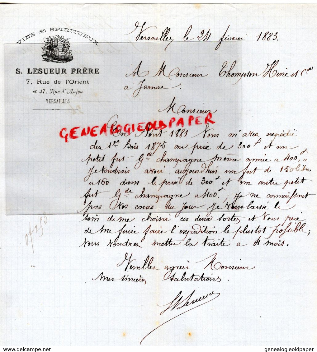 78- VERSAILLES- RARE LETTRE MANUSCRITE SIGNEE S. LESUEUR FRERE-VINS SPITITUEUX-7 RUE ORIENT-THOMISON HINE JARNAC-1883 - Lebensmittel