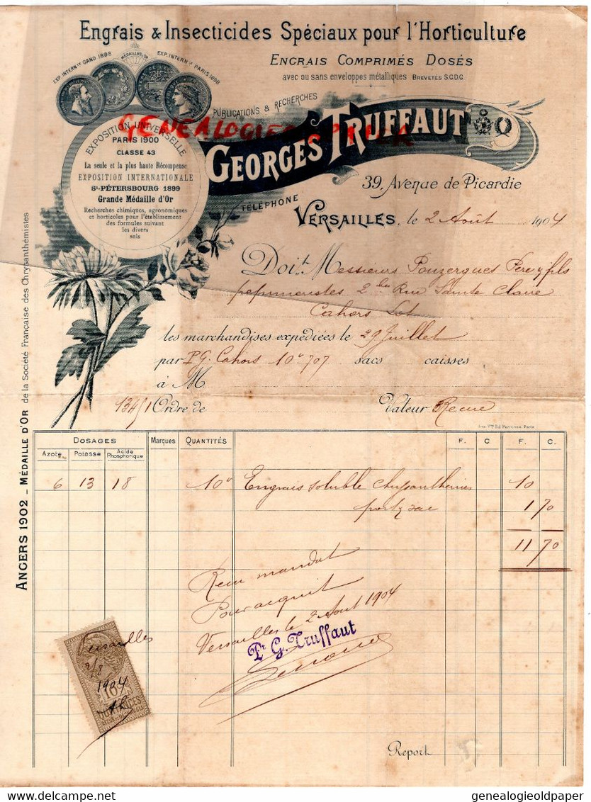 78- VERSAILLES- FACTURE GEORGES TRUFFAUT-ENGRAIS HORTICULTURE-A M. POUZERGUES PEPINIERISTE CAHORS- 1904 - Landwirtschaft