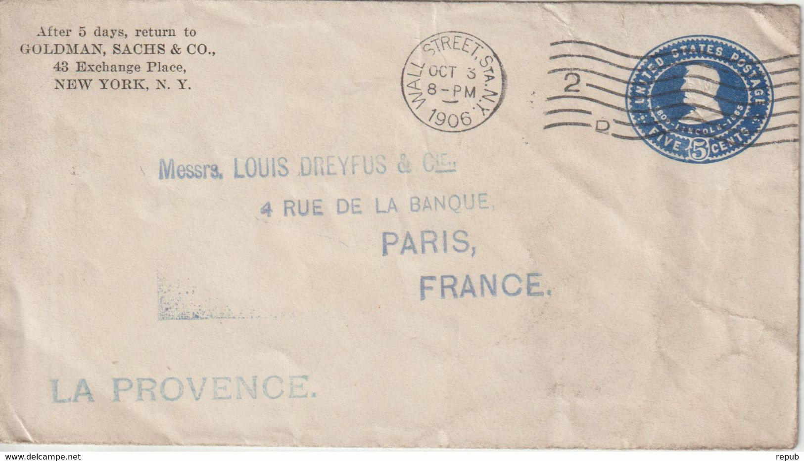 Entier 1906 Des Etats Unis Pour La France Par Bateau La Provence - 1901-20