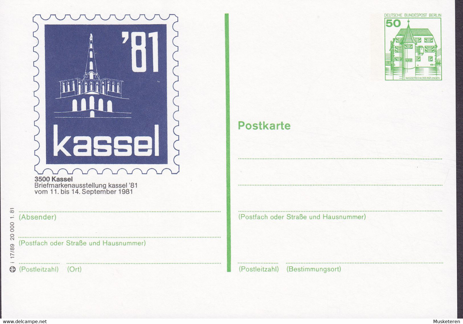 Berlin Postal Stationery Ganzsache 50 Pf. Wasserschloss Inzlingen PRIVATE Print Briefmarkenausstellung KASSEL '81 Unused - Private Postcards - Mint