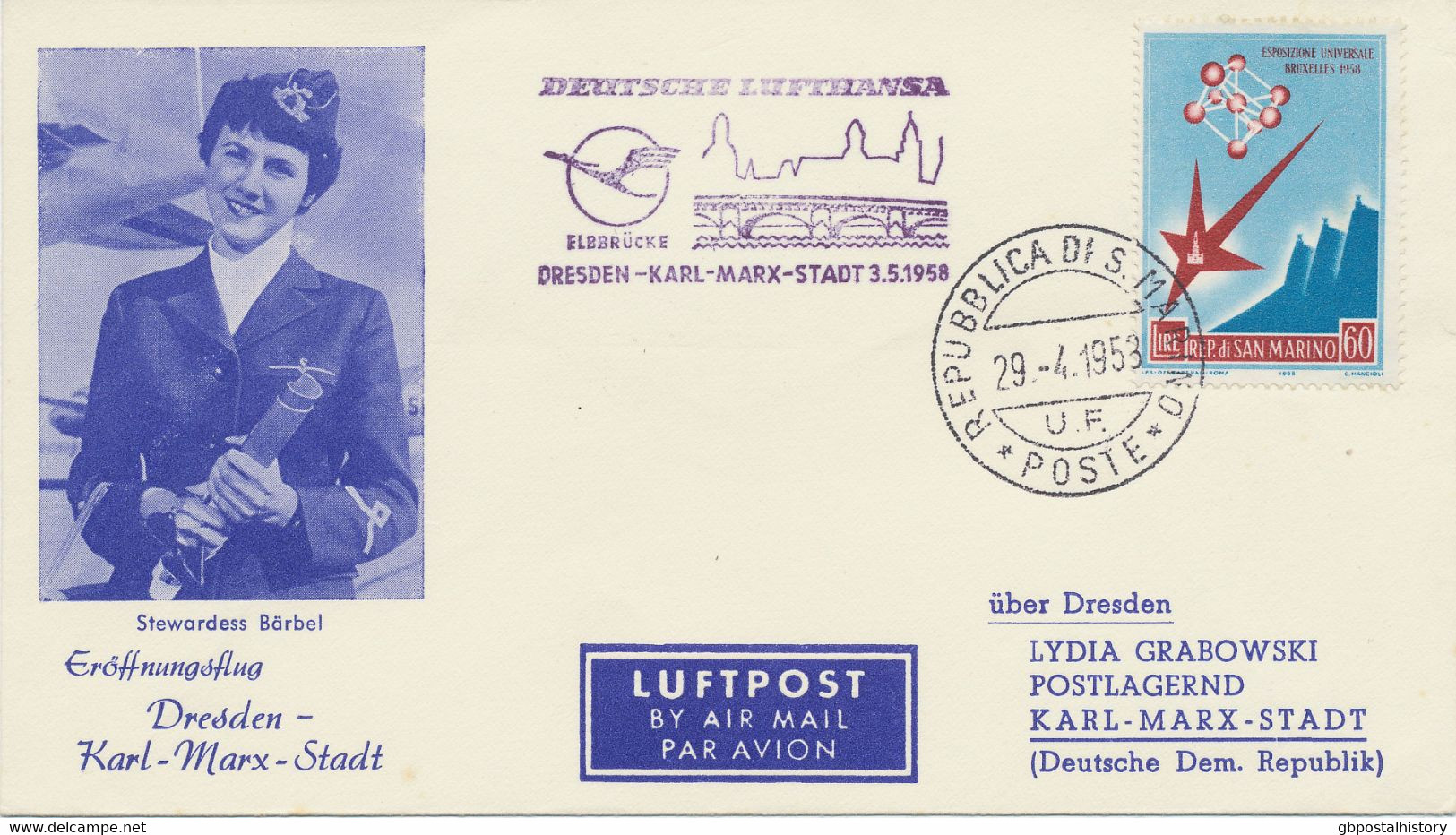SAN MARINO 1958 Selt. Mitläuferpost Aus San Marino - Kab.-Erstflug Der Deutsche Lufthansa Ost (DDR) "DRESDEN - KARL-MARX - Airmail