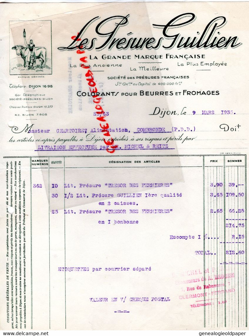 21- DIJON- FACTURE LES PRESURES GUILLIEN-COLORANTS POUR BEURRE FROMAGES-A M. CHARTOIRE COMBRONDE-1935 - Alimentos