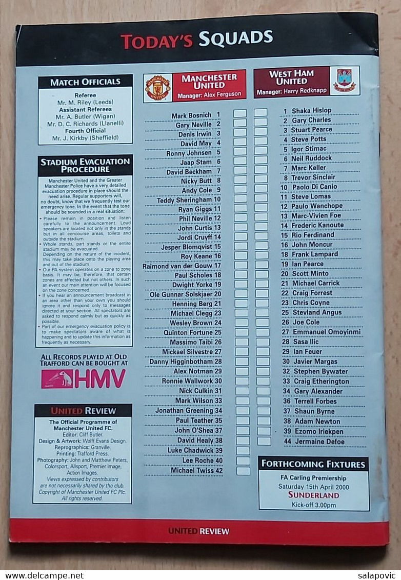 Manchester United Vs West Ham United 1. April 2000  Football Match Program - Bücher