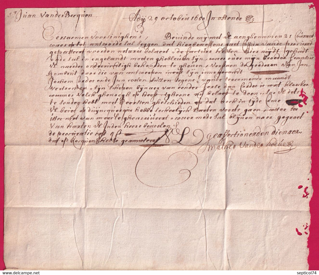 LETTRE DE 1650 TAXE ESPAGNOLE IIII OSTENDE BELGIQUE POUR ANVERS LETTRE COVER - 1621-1713 (Spanish Netherlands)