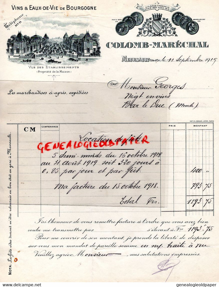 21- MEURSAULT - BELLE FACTURE COLOMB MARECHAL-VINS EAUX DE VIE BOURGOGNE- A M. GEORGES BAR LE DUC-1919 - Alimentos