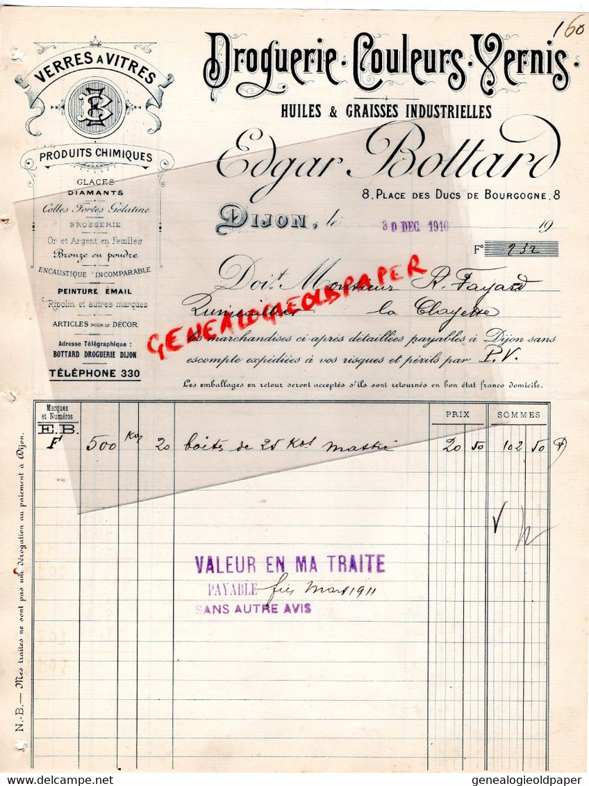 21- DIJON- FACTURE EDGAR BOTTARD-DROGUERIE VERNIS-HUILES-8 PLACE DUCS BOURGOGNE-1910- FAYARD QUINCAILLIER LA CLAYETTE - Drogerie & Parfümerie