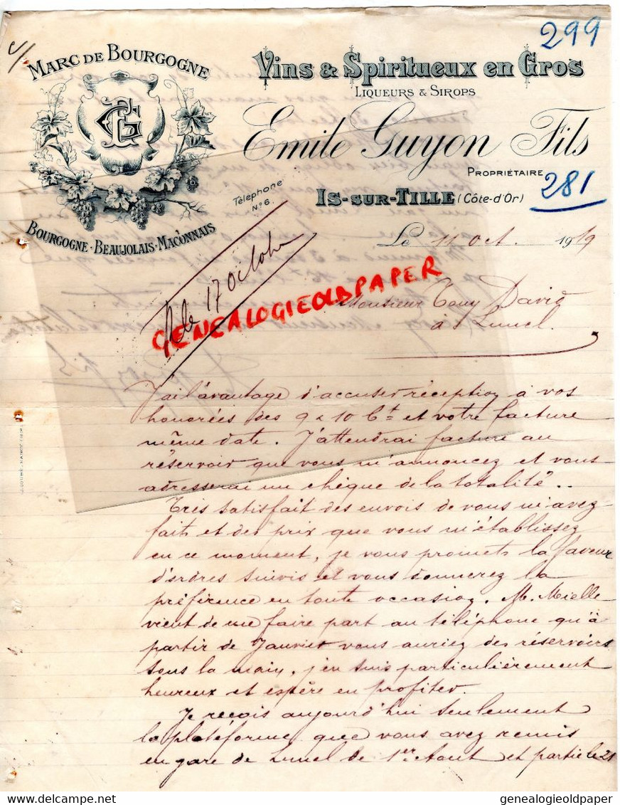 21- IS SUR TILLE - RARE LETTRE MANUSCRITE EMILE GUYON FILS- MARC DE BOURGOGNE-VINS- A TONY DAVID LUNEL 34-  1919 - Alimentos