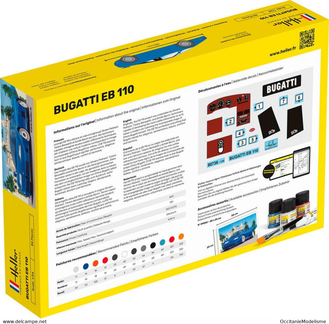 Heller - SET BUGATTI EB 110 Starter Kit + Peintures + Colle Maquette Kit Plastique Réf. 56738 NBO Neuf 1/24 - Carros