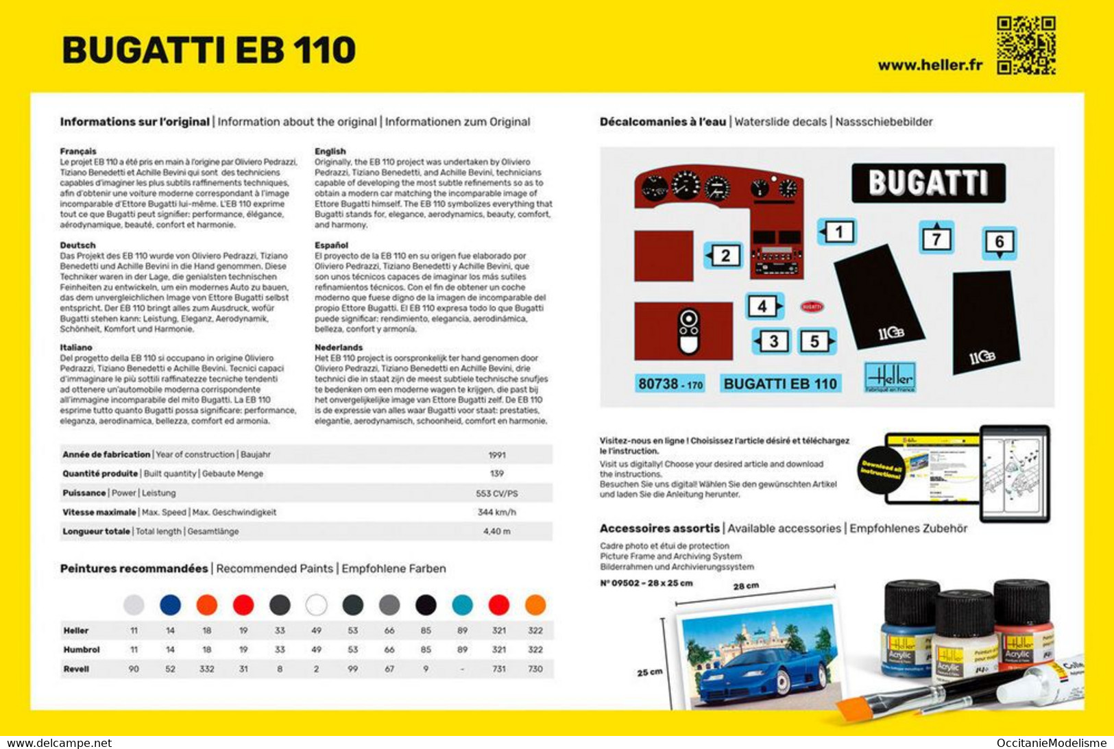 Heller - SET BUGATTI EB 110 Starter Kit + Peintures + Colle Maquette Kit Plastique Réf. 56738 NBO Neuf 1/24 - Voitures