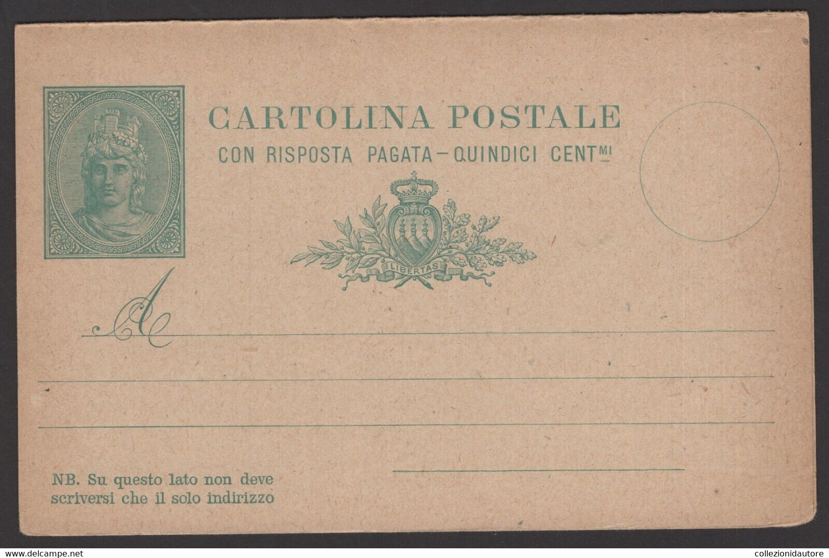 1906 - REPUBBLICA SAN MARINO - CARTOLINA POSTALE NUOVA CON RISPOSTA PAGATA DA QUINDICI CENTESIMI - Storia Postale