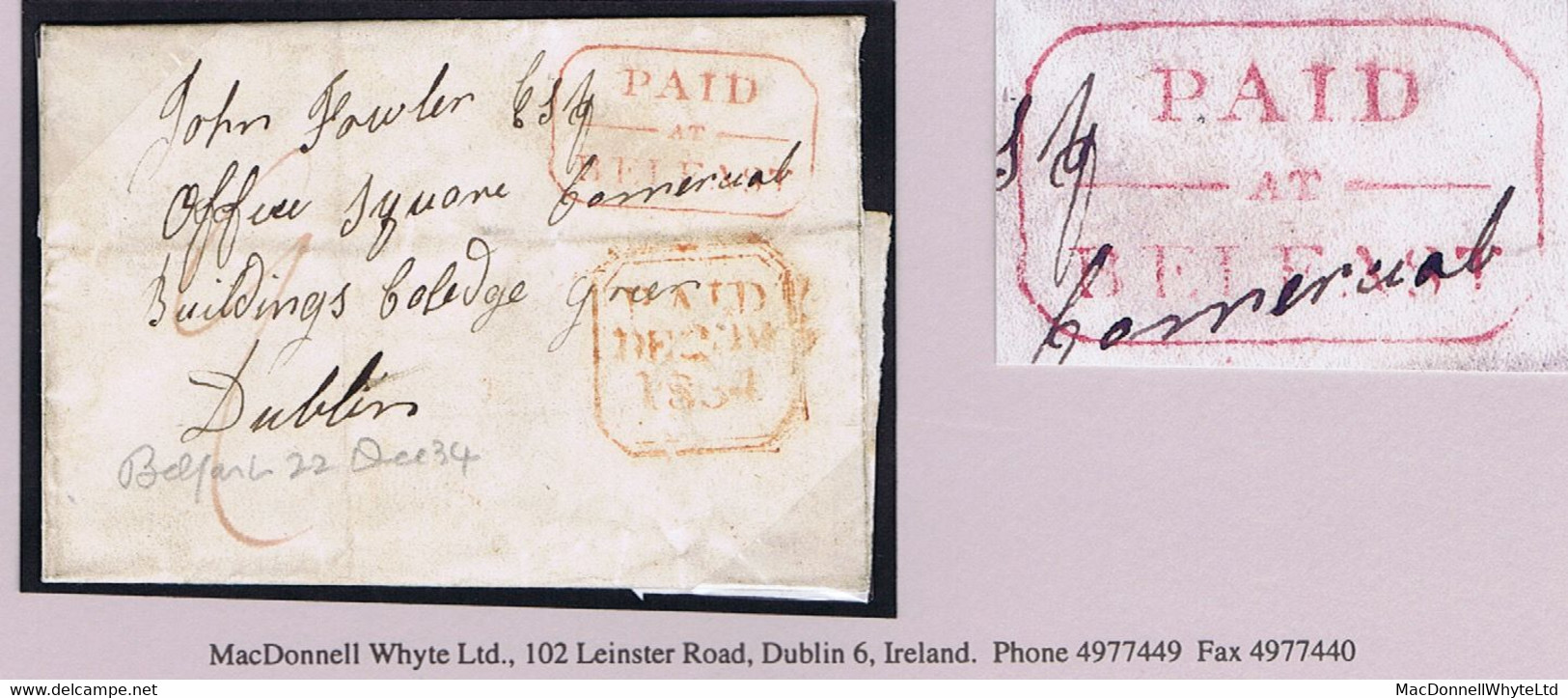 Ireland Belfast 1834 Masonic Cover To Dublin Prepaid "9" With Distinctive Octagonal PAID-AT-BELFAST In Red - Prephilately