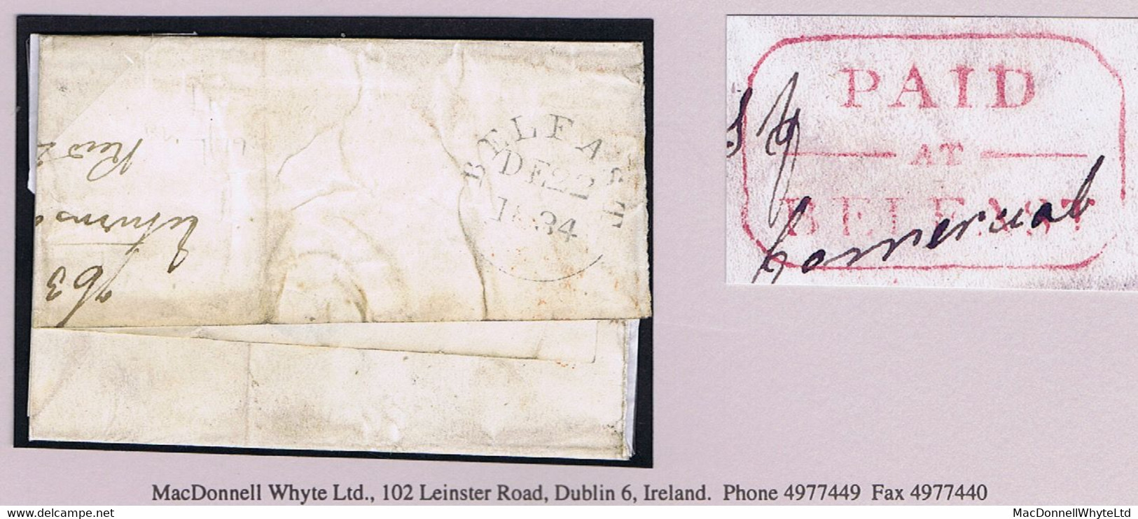 Ireland Belfast 1834 Masonic Cover To Dublin Prepaid "9" With Distinctive Octagonal PAID-AT-BELFAST In Red - Prephilately