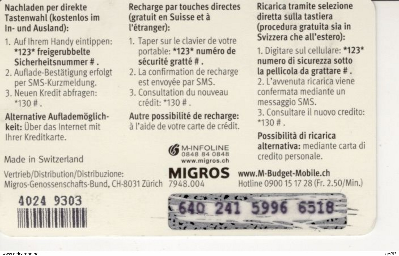 Migros - M-Budget Mobile - Mobile Value Card 10 CHF - Telecom Operators