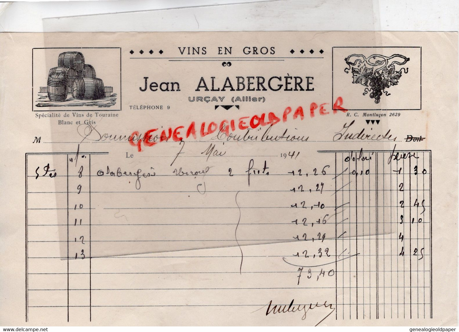 03- URCAY- RARE FACTURE JEAN ALABERGERE-VINS DE TOURAINE-1941 - Food