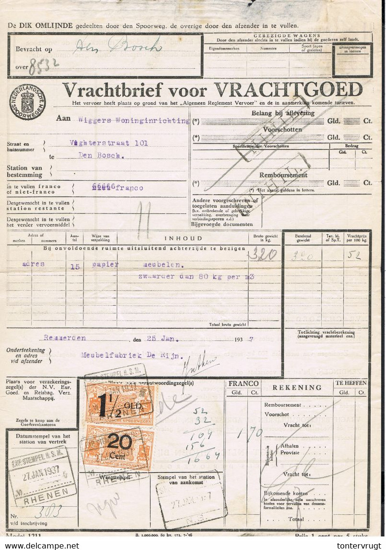 NS Spoorweg Vrachtbrief - Rhenen 1937 1,5 Gld Geel + 20 Cent Geel - Schienenverkehr