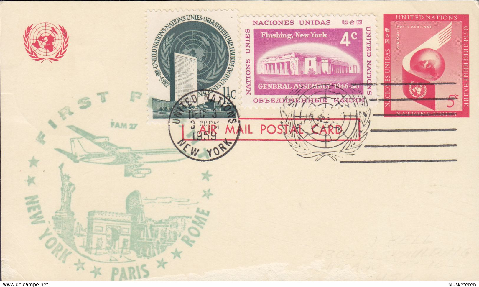 United Nations Uprated Postal Stationery Ganzsache NEW YORK - PARIS - ROME, NEW YORK 1959 (2 Scans) - Brieven En Documenten