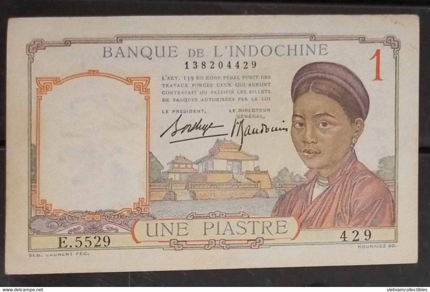 French Indochina Indo China Indochine Vietnam Cambodia 1 Piastre AU Banknote Note / Billet 1932 - 1949 - Pick # 54b - Indochine