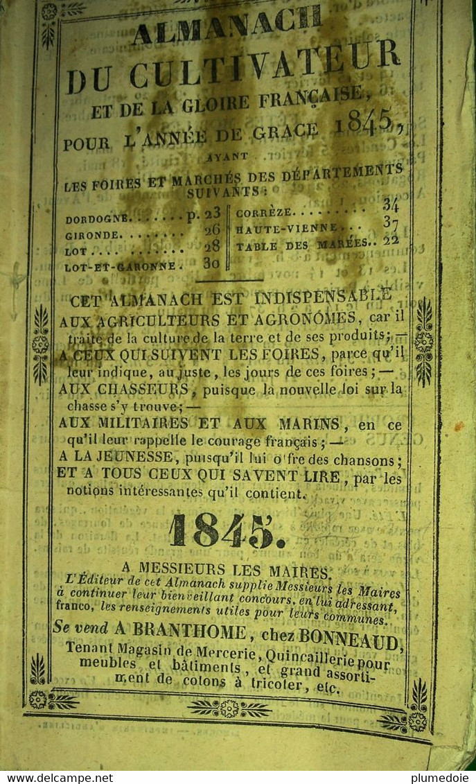 RARE ALMANACH DU CULTIVATEUR ET DE LA GLOIRE FRANCAISE POUR L ANNEE DE GRÂCE 1845 . à BRANTHOME chez BONNEAUD