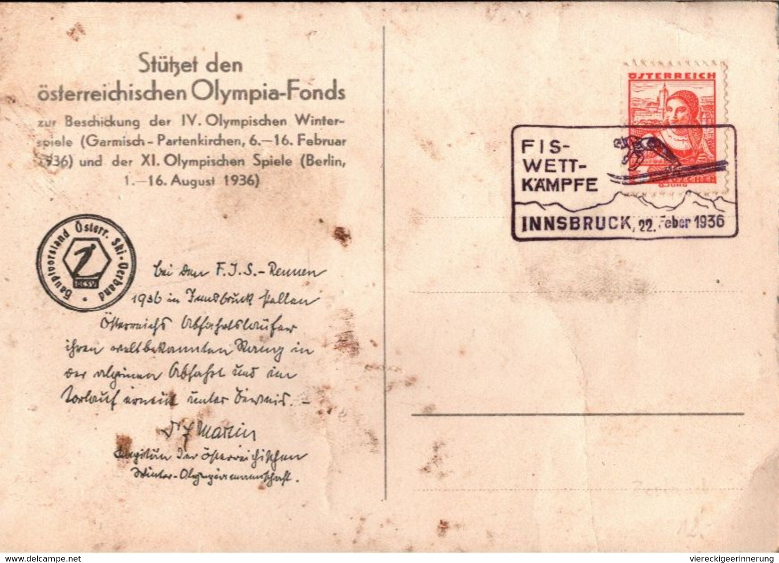 ! Reklame Ansichtskarte, Österreich, Olympiafonds, Sonderstempel FIS Ski Wettkämpfe Innsbruck, Wintersport, 1936 - Juegos Olímpicos