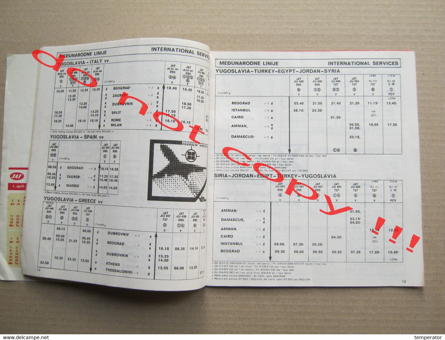 Timetable JAT YUGOSLAV AIRLINES Red letenja - XIV Olympic Winter Game Sarajevo 1984 VUČKO ... ( summer 1983 ) RRR