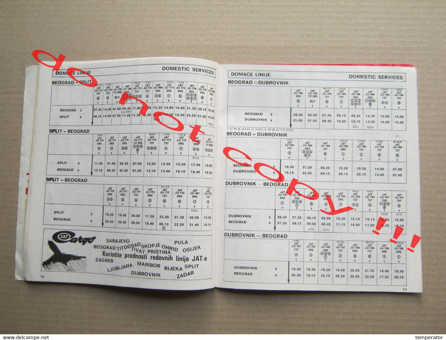 Timetable JAT YUGOSLAV AIRLINES Red letenja - XIV Olympic Winter Game Sarajevo 1984 VUČKO ... ( summer 1983 ) RRR