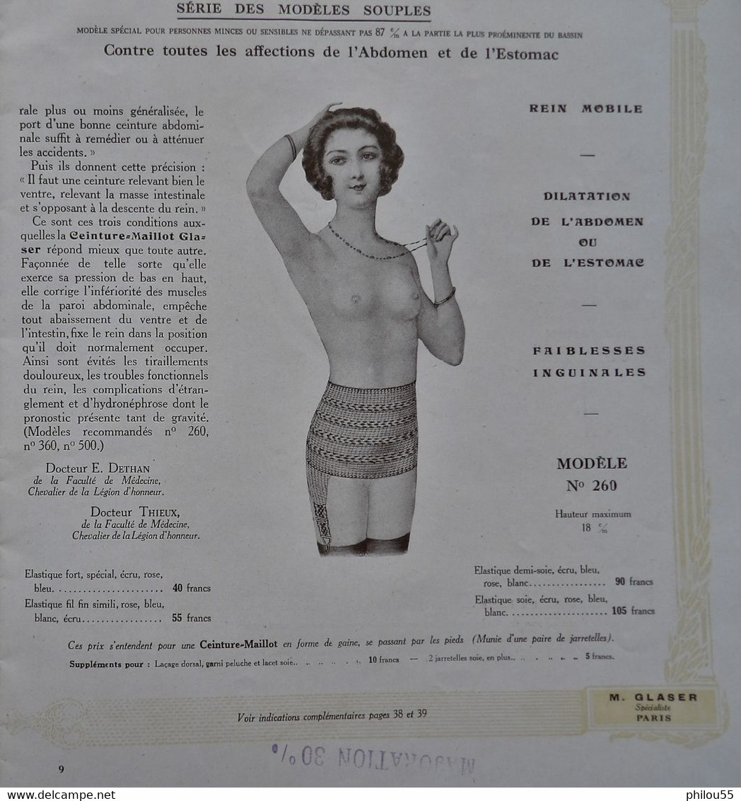 Catalogue 75 PARIS 3e et 8e 1928 Ceintures Maillots M. GLASER Corsets Soutiens Gorge Pessaires  Coussins