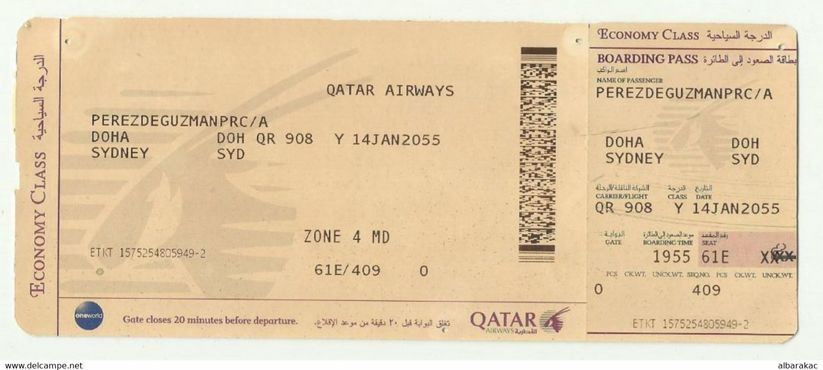 Qatar Airways Boarding Pass - Doha To Sydney - Mondo