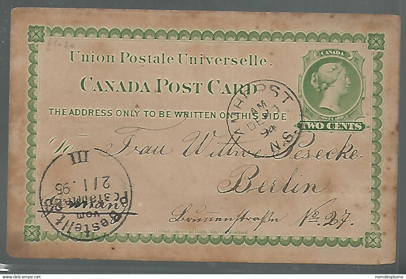 59553) Canada Post Card Amherst Postmark Cancel 1894 - 1860-1899 Victoria