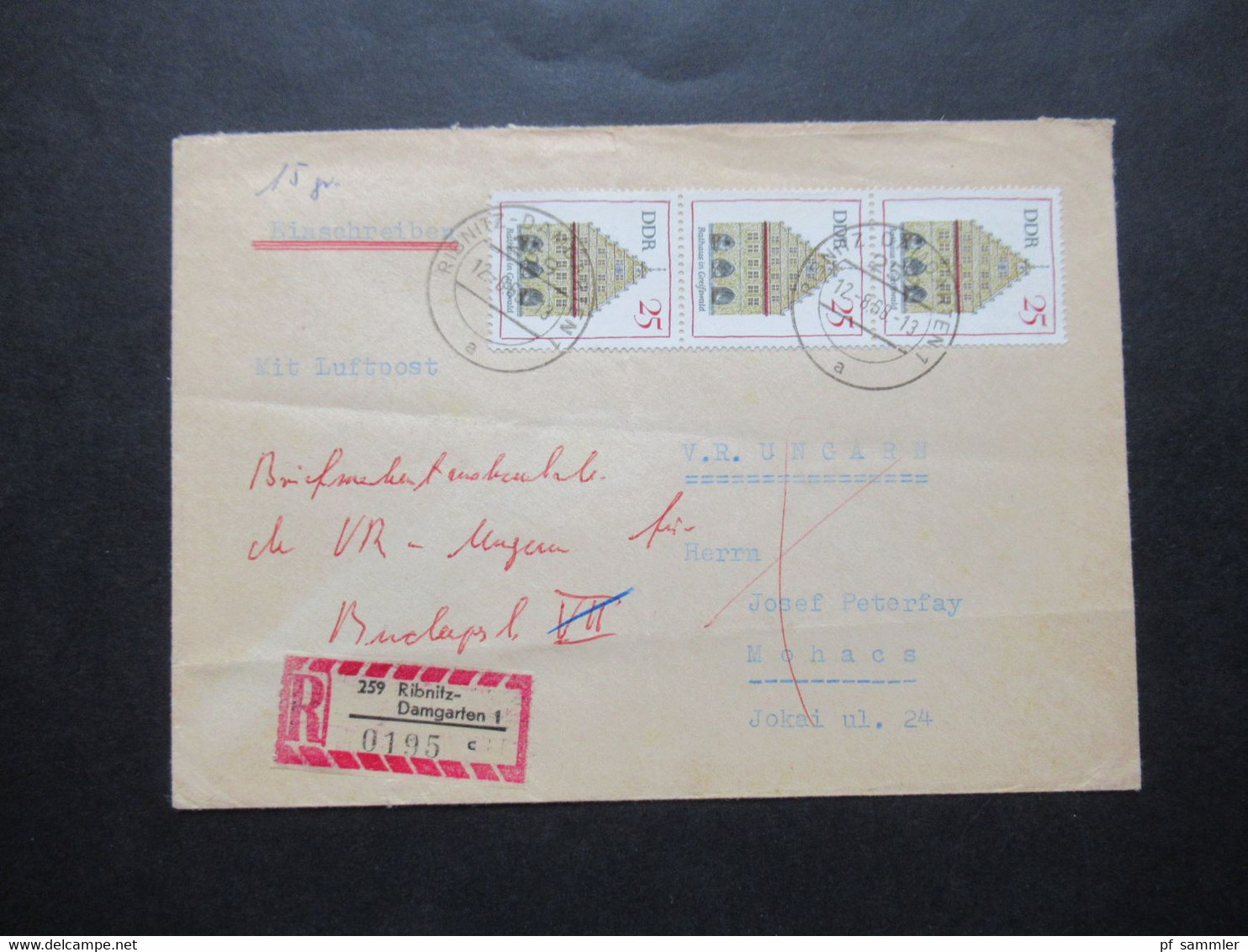 DDR 1968 Bedeutende Bauwerke Nr.1381 (3 ) MeF Einschreiben Mit Luftpost Ribnitz-Damgarten 1 Nach Mohacs Ungarn - Storia Postale