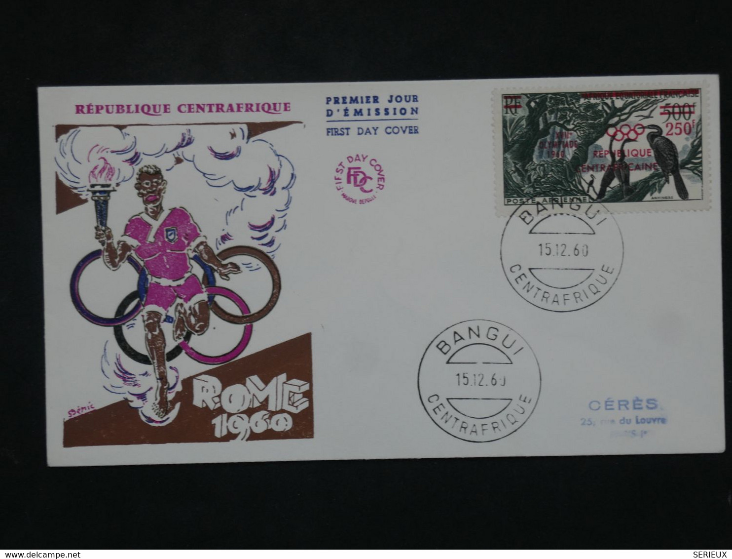 W18 CENTRAFRIQUE  RR BELLE LETTRE  FDC 1960 XVII OLYMPIADE +BANGUI A PARIS FRANCE++500 FR SURCHARGé+++AFFRANCH. PLAISANT - Briefe U. Dokumente