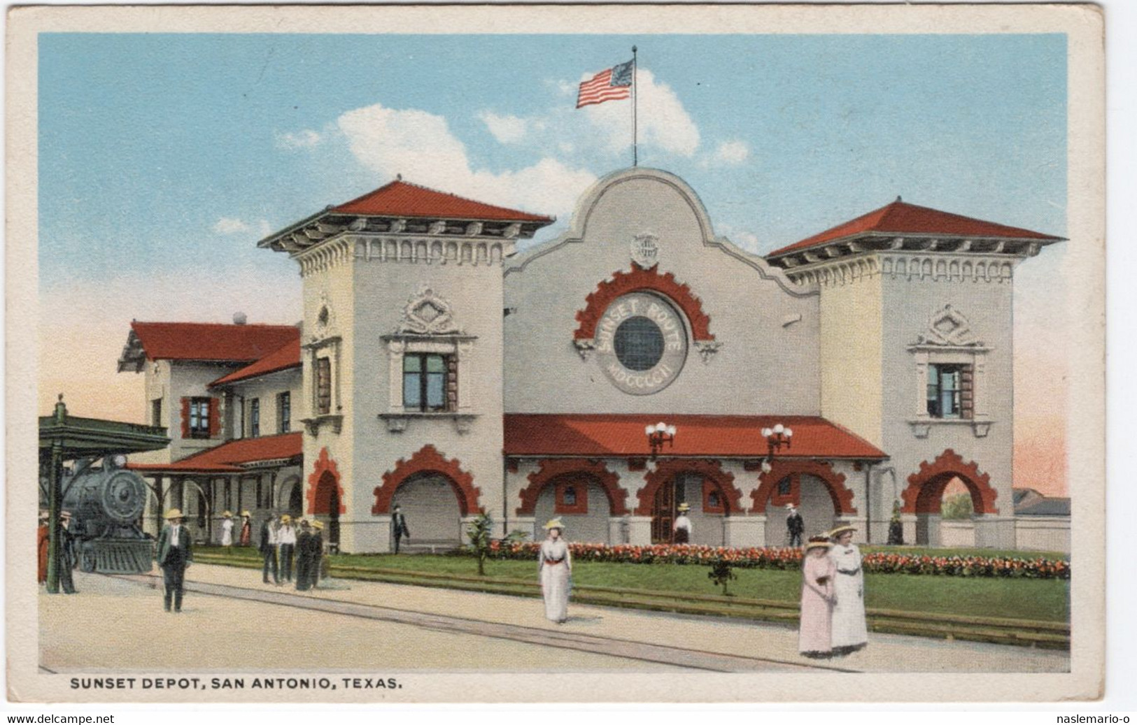 CPA ETATS UNIS TEXAS SAN ANTONIO  Sunset Depot - Avec Train En Gare, Personnages, Couleur - San Antonio